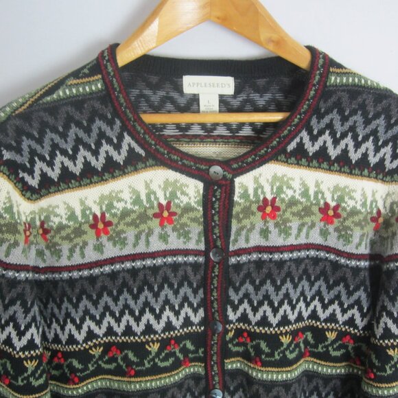 Appleseeds Womens Large Black Ivory Red Embroidered Floral Ramie Silk Cardigan - Picture 4 of 13